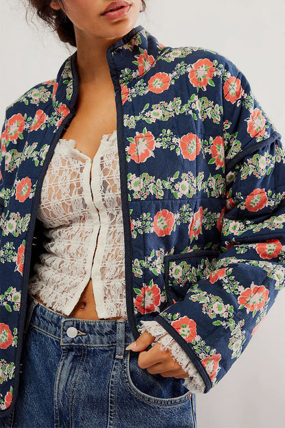 Prendas de abrigo informales con cuello mandarín, patchwork y bolsillos con flores en contraste (12 colores)