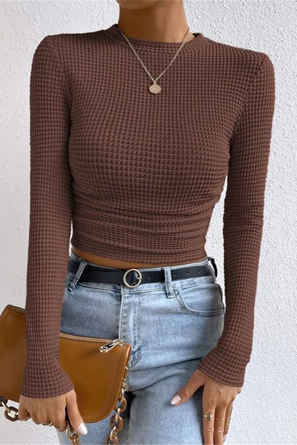 Blusa informal de cuello redondo fruncida a cuadros para uso diario (3 colores)
