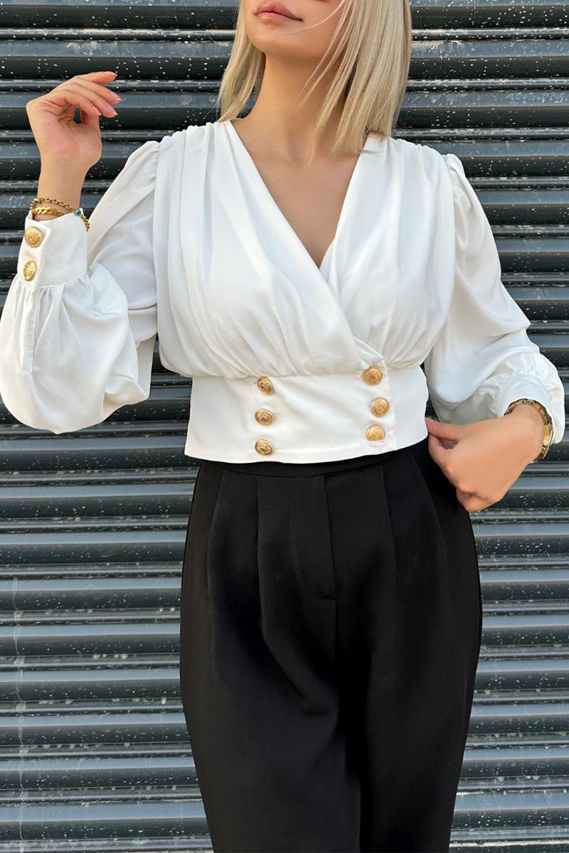 Blusas elegantes de color liso con cuello en V y botones para uso diario (4 colores)