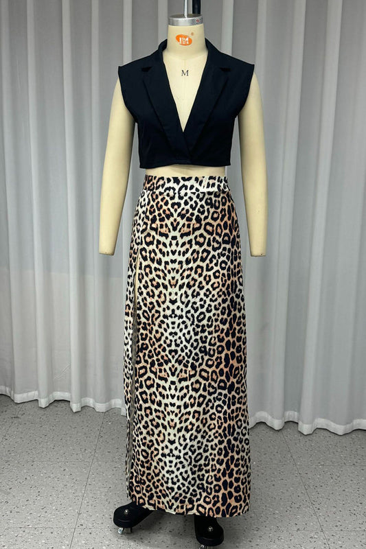 Conjunto informal de dos piezas con estampado de leopardo, escote en V y sin mangas