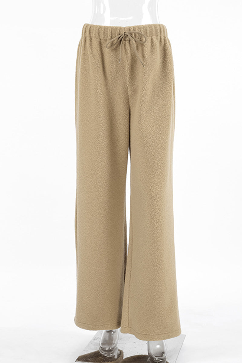 Pantalones casuales de calle con bolsillos, cordones, suaves, sueltos, de cintura alta y pierna ancha