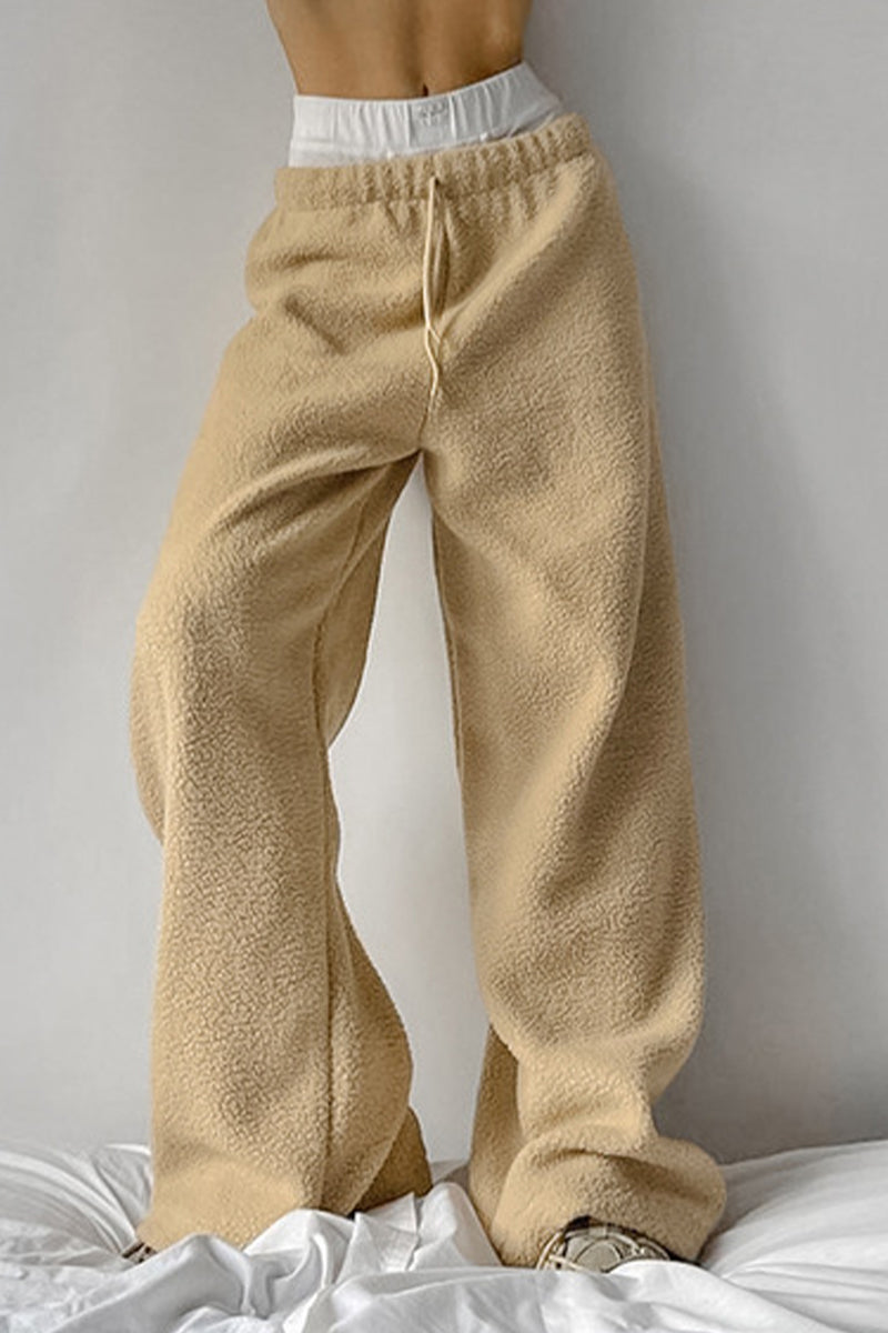 Pantalones casuales de calle con bolsillos, cordones, suaves, sueltos, de cintura alta y pierna ancha