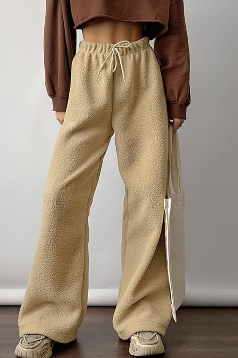 Pantalones casuales de calle de color sólido con bolsillos, cordones, esponjosos, sueltos, de cintura alta, de pierna ancha, de color sólido