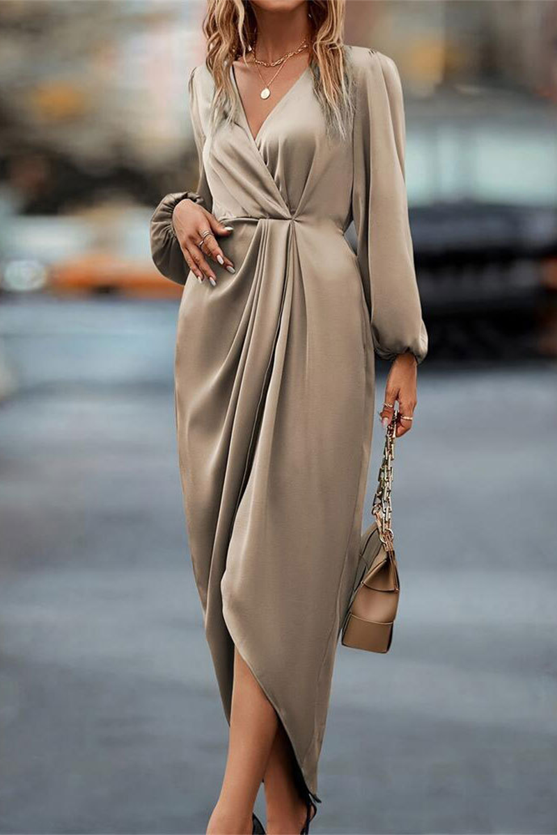 Vestidos casuales elegantes con escote en V fruncido y falda de un solo paso (3 colores)