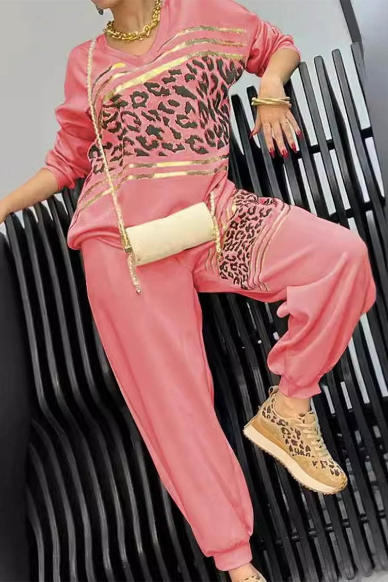 Conjunto informal de dos piezas con estampado de leopardo, cuello en V y manga larga (5 colores)
