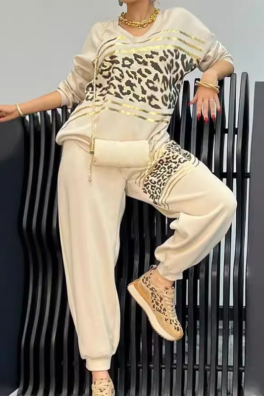 Conjunto informal de dos piezas con estampado de leopardo, cuello en V y manga larga (5 colores)