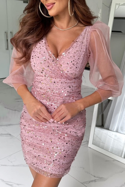 Vestidos sexys de lentejuelas con malla y escote en V con falda cruzada