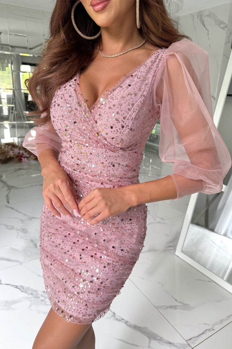 Vestidos sexys de lentejuelas con malla y escote en V con falda cruzada