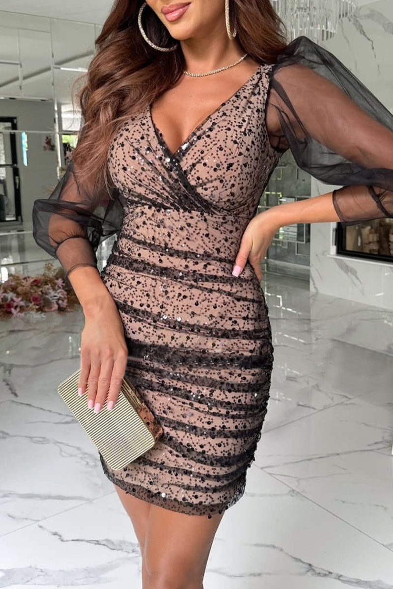 Vestidos sexys de lentejuelas con malla y escote en V con falda cruzada