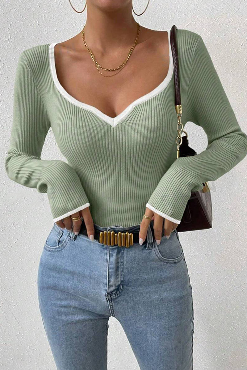 Tops casuales de cuello en V con contraste de colores sólidos para uso diario (5 colores)