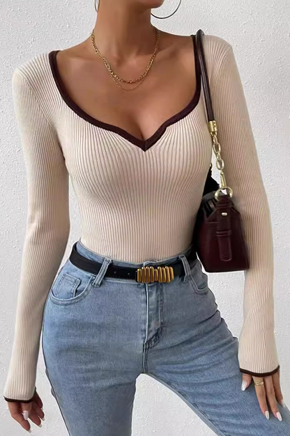 Tops casuales de cuello en V con contraste de colores sólidos para uso diario (5 colores)