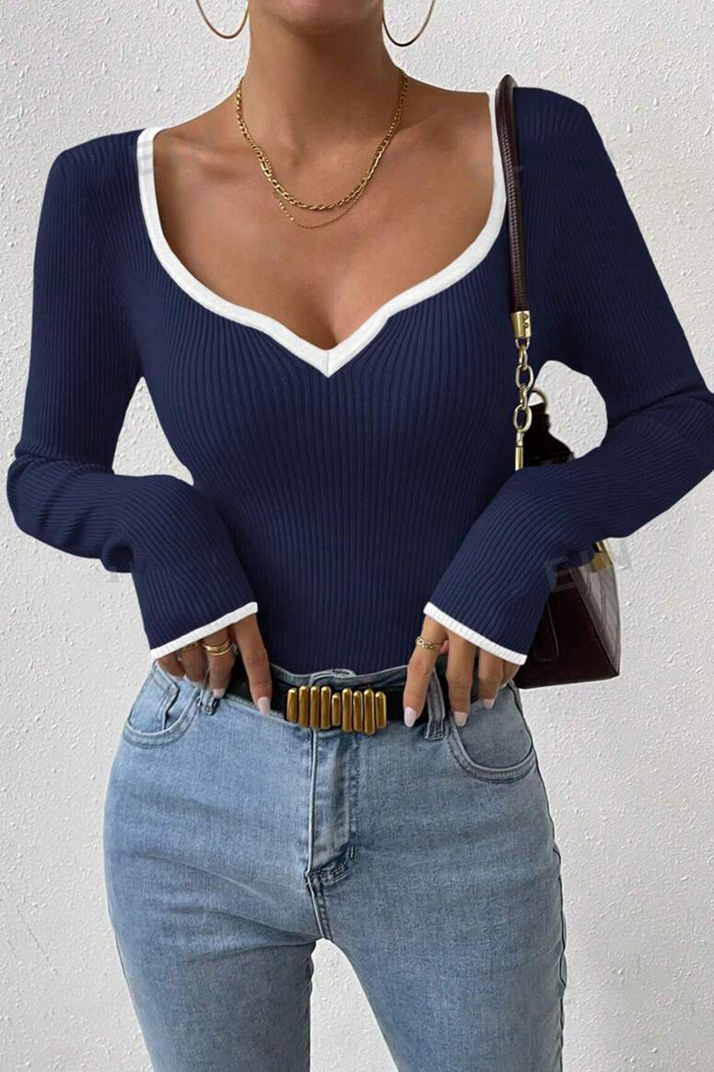 Tops casuales de cuello en V con contraste de colores sólidos para uso diario (5 colores)