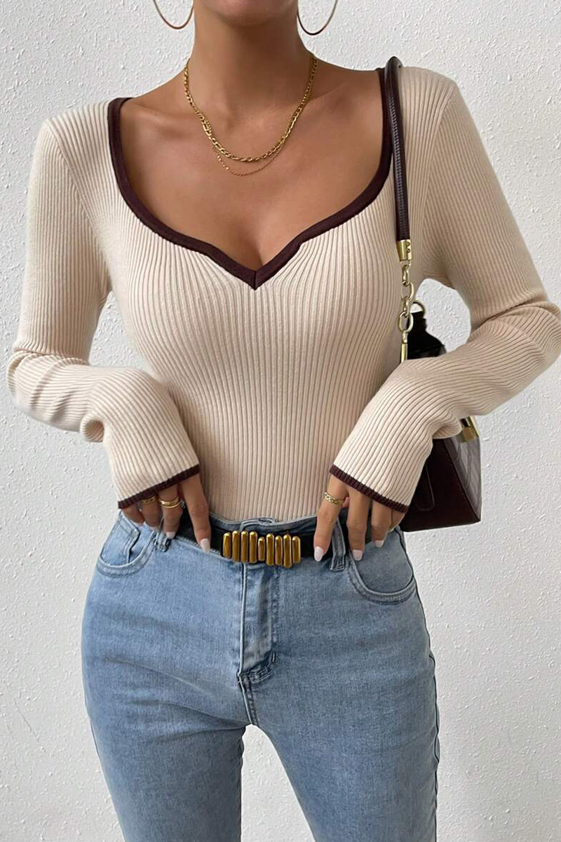 Tops casuales de cuello en V con contraste de colores sólidos para uso diario (5 colores)