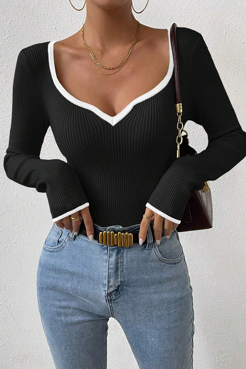 Tops casuales de cuello en V con contraste de colores sólidos para uso diario (5 colores)