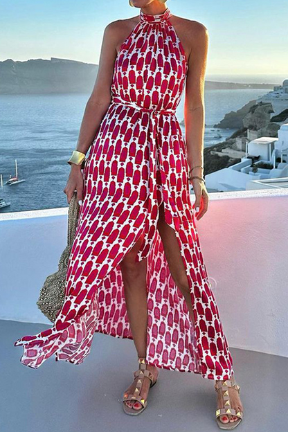 Vestidos elegantes de vacaciones con estampado geométrico, encaje, abertura en contraste, cuello halter, sin mangas