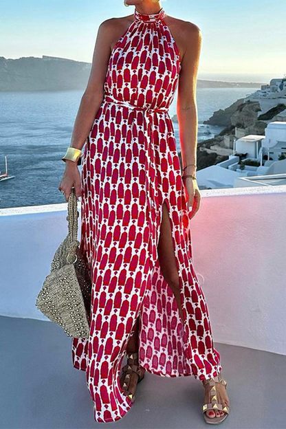 Vestidos elegantes de vacaciones con estampado geométrico, encaje, abertura en contraste, cuello halter, sin mangas