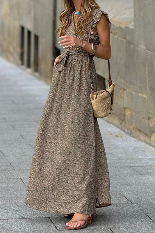 Vestidos casuales de calle con estampado floral, bolsillos, volantes, cuello en V, corte A