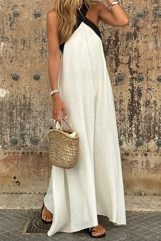 Vestidos casuales con cuello en V, tirantes y patchwork en contraste