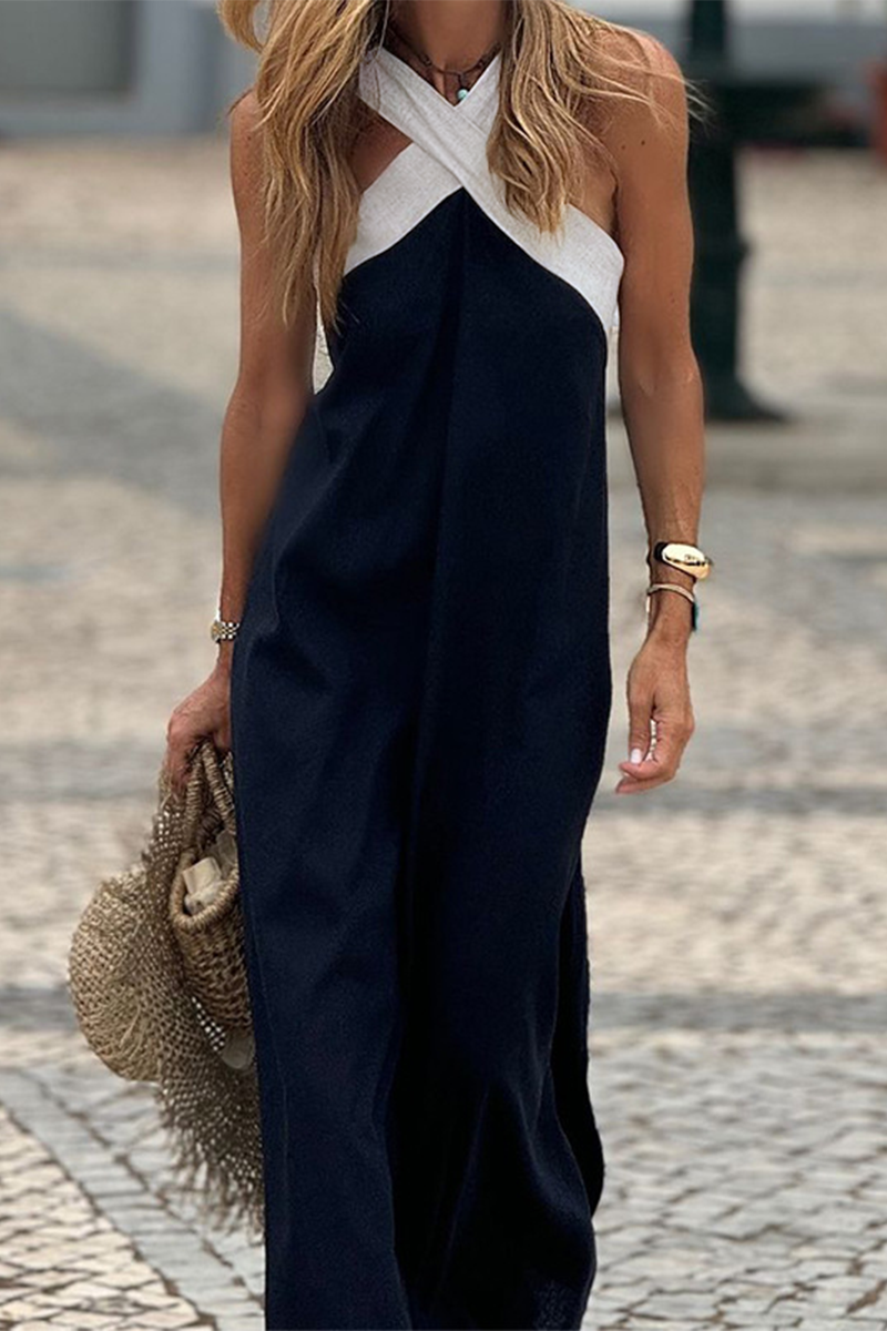 Vestidos casuales con cuello en V, tirantes y patchwork en contraste