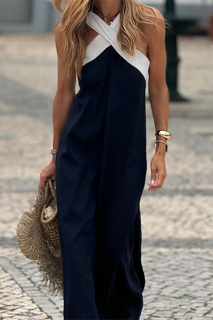Vestidos casuales con cuello en V, tirantes y patchwork en contraste