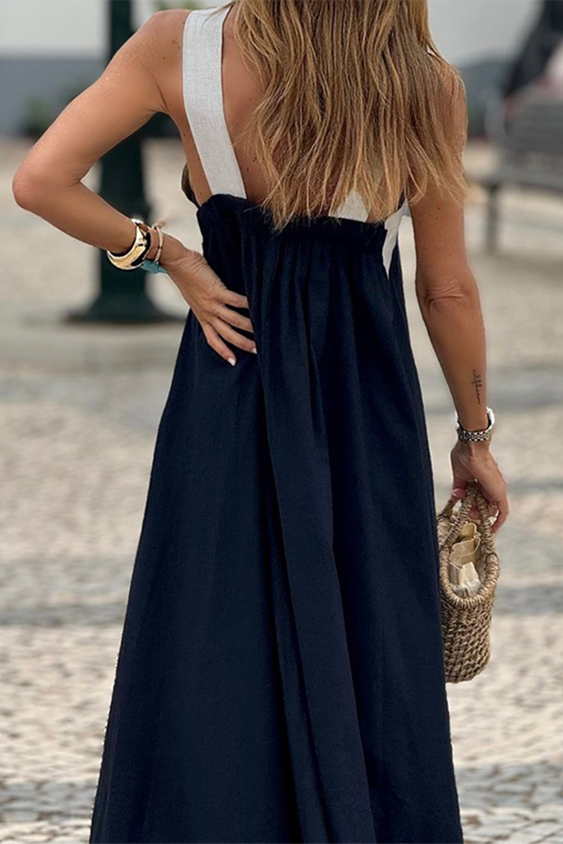 Vestidos casuales con cuello en V, tirantes y patchwork en contraste