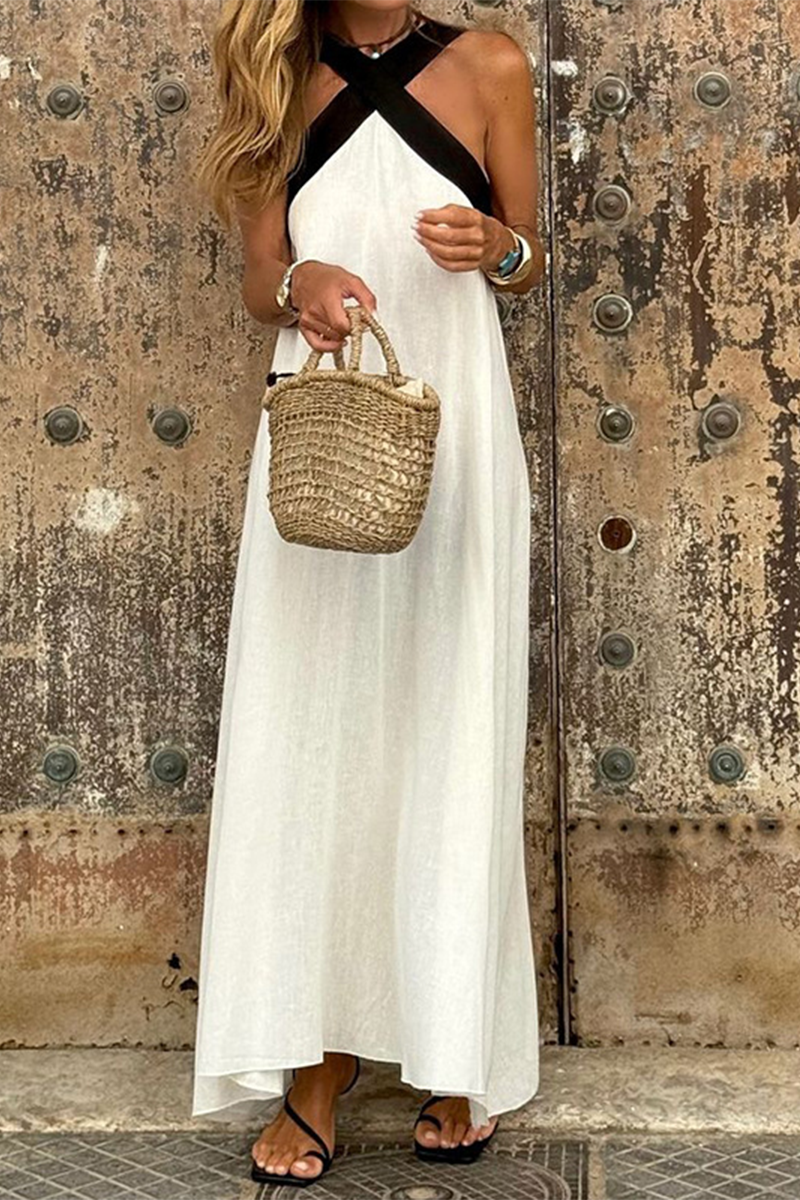 Vestidos casuales con cuello en V, tirantes y patchwork en contraste