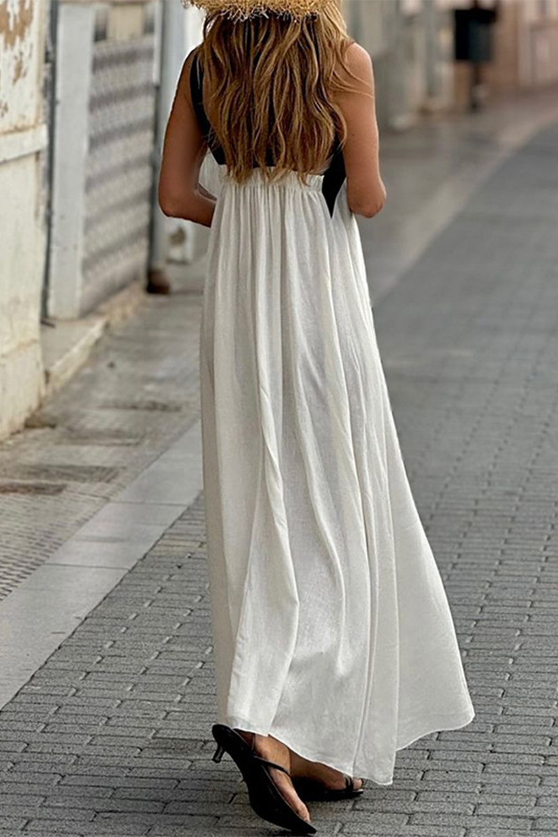 Vestidos casuales con cuello en V, tirantes y patchwork en contraste