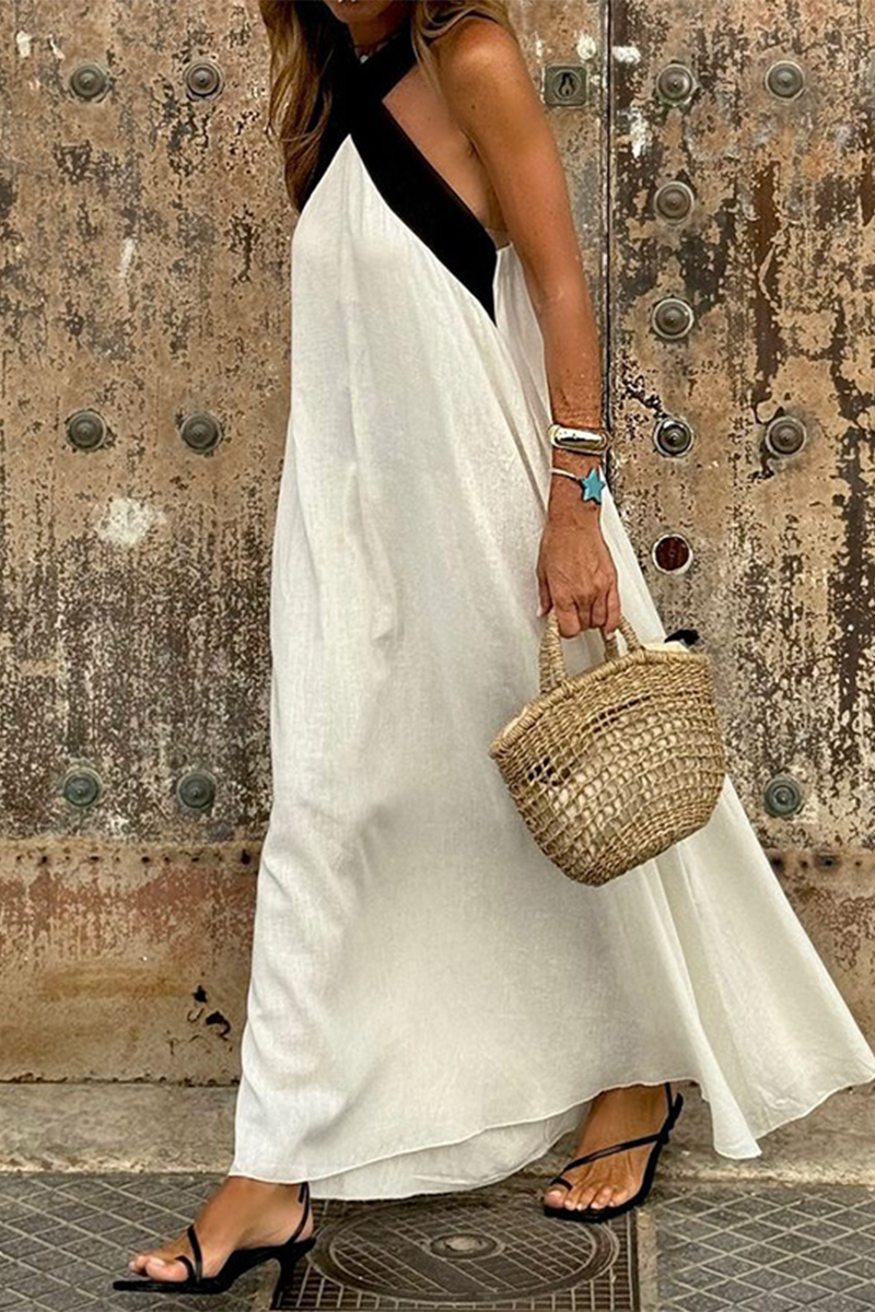 Vestidos casuales con cuello en V, tirantes y patchwork en contraste