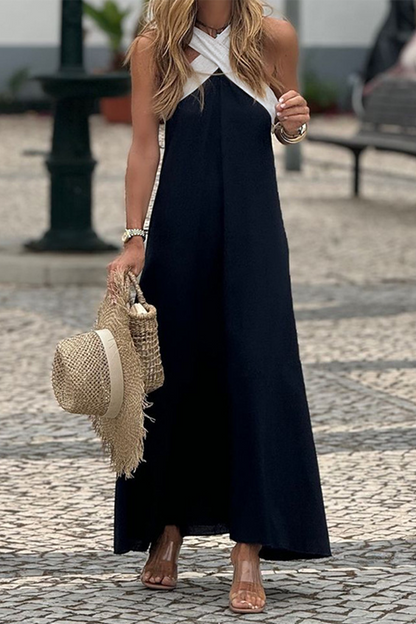 Vestidos casuales con cuello en V, tirantes y patchwork en contraste