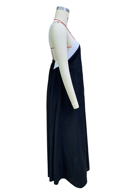 Vestidos casuales con cuello en V, tirantes y patchwork en contraste