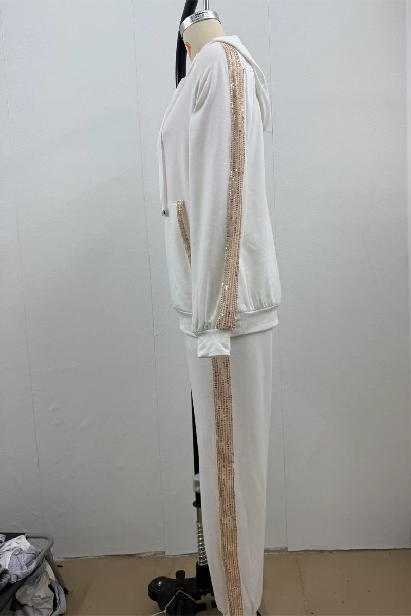 Conjunto informal de dos piezas con capucha, manga larga, lentejuelas, bolsillo con cordón y cierre de cordón (5 colores)