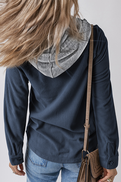Casual Daily Draw String Buttons Patchwork Contrast Hooded Tops