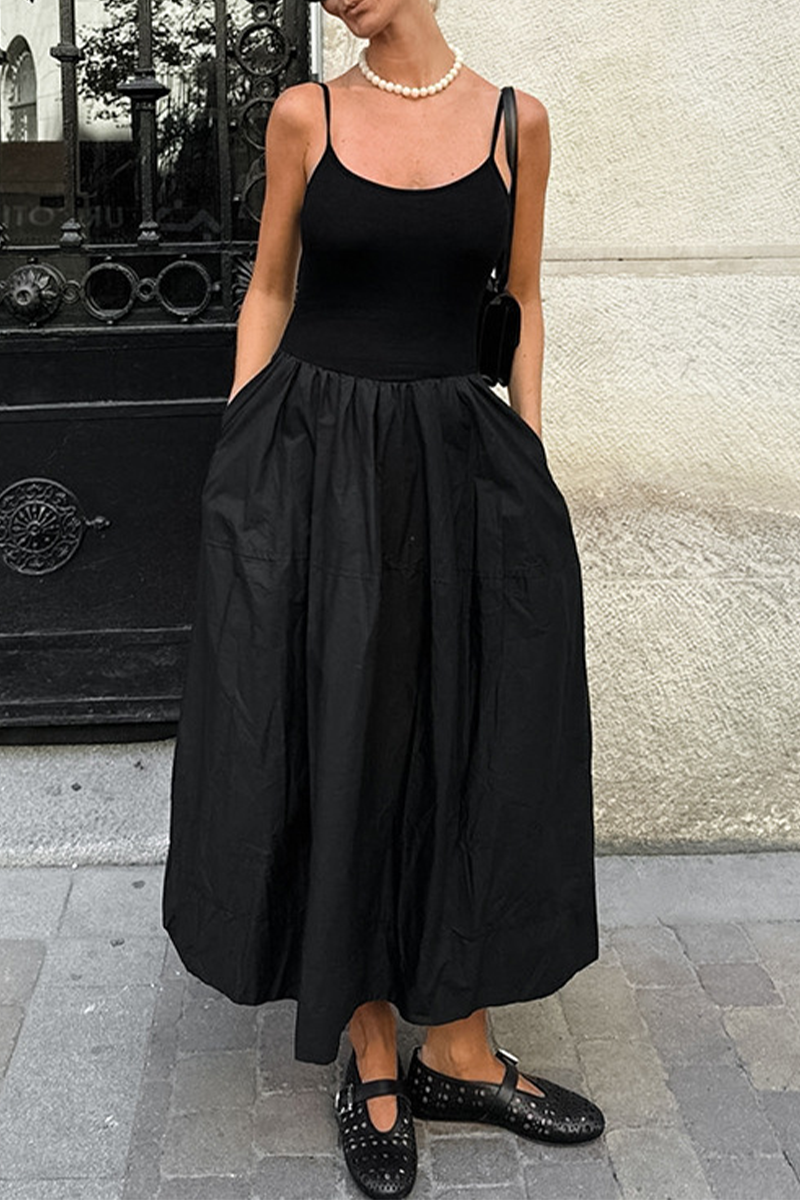 Vestidos casuales de calle con bolsillos y patchwork, cuello en U y tirantes