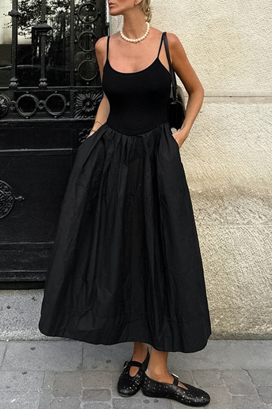 Vestidos casuales de calle con bolsillos y patchwork, cuello en U y tirantes