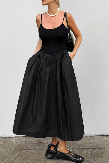 Vestidos casuales de calle con bolsillos y patchwork, cuello en U y tirantes