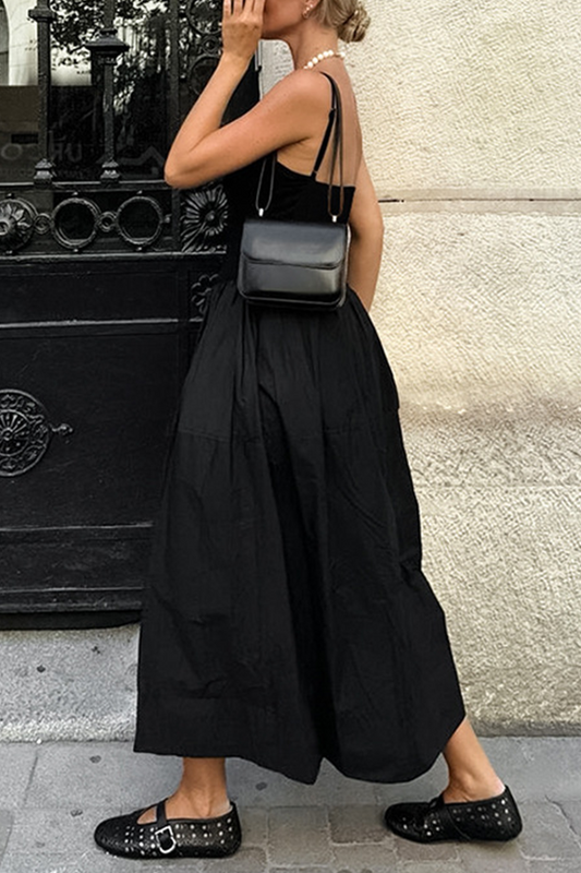 Vestidos casuales de calle con bolsillos y patchwork, cuello en U y tirantes