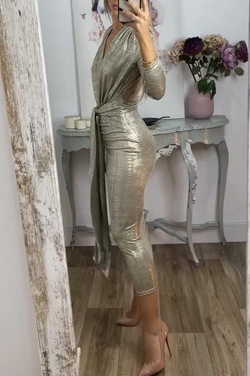 Vestido sexy con escote en V fruncido y estampado bronceado (3 colores)