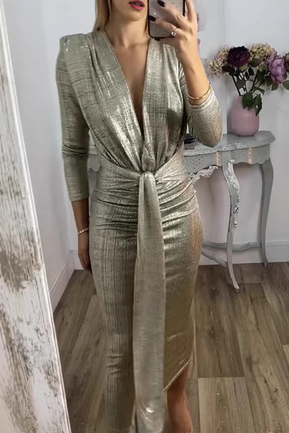 Vestido sexy con escote en V fruncido y estampado bronceado (3 colores)