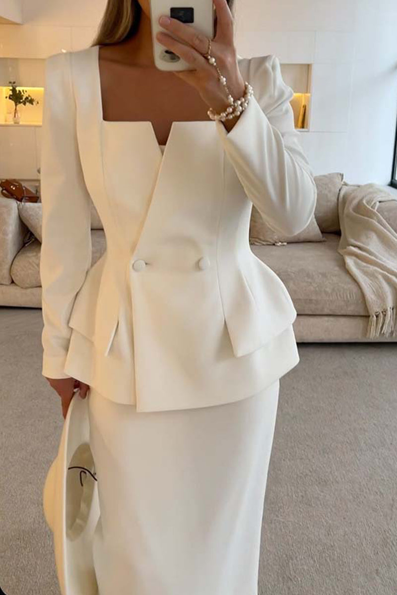 Elegante conjunto de dos piezas con botones, volantes, cuello cuadrado y manga larga