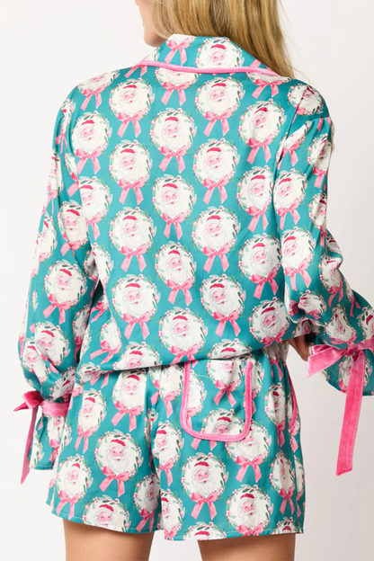 Conjunto informal de dos piezas con diseño de Papá Noel y árbol de Navidad, con cordones, cuello vuelto en contraste, manga larga (4 colores)