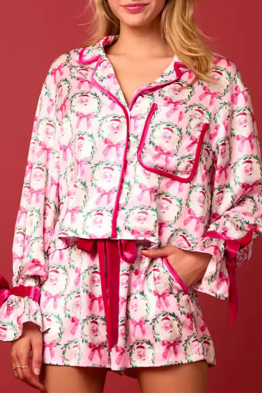 Conjunto informal de dos piezas con diseño de Papá Noel y árbol de Navidad, con cordones, cuello vuelto en contraste, manga larga (4 colores)