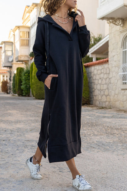 Vestidos casuales de manga larga con capucha, cremallera y bolsillo para la calle (3 colores)