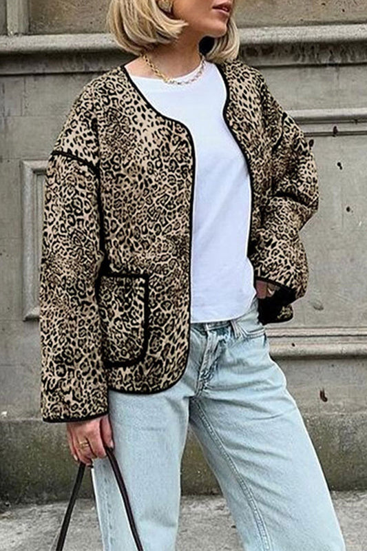 Prendas de abrigo informales de cuello redondo con estampado de leopardo y bolsillos (3 colores)