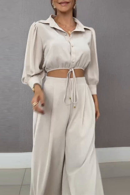 Conjunto informal de dos piezas con cuello vuelto, manga larga y cordones para uso diario