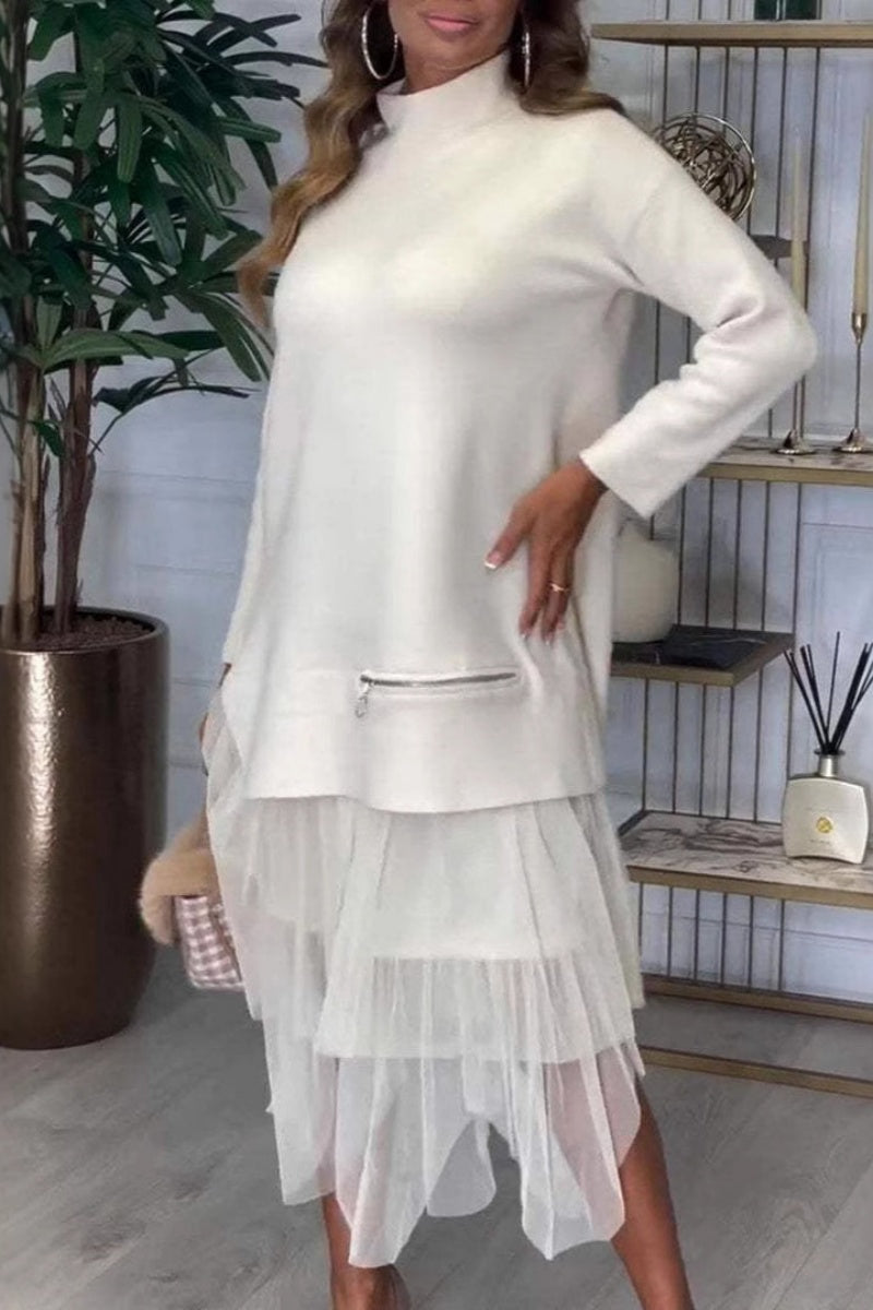 Conjunto informal de dos piezas con cuello alto y abertura, manga larga (7 colores)