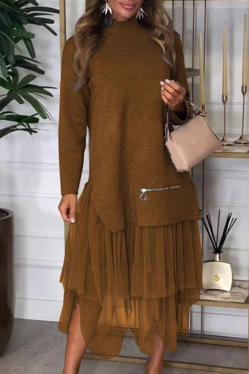 Conjunto informal de dos piezas con cuello alto y abertura, manga larga (7 colores)
