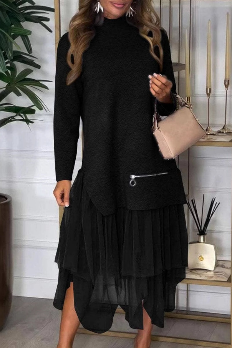 Conjunto informal de dos piezas con cuello alto y abertura, manga larga (7 colores)