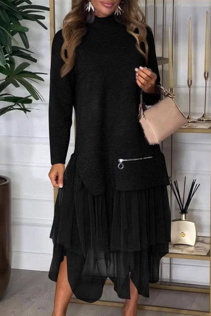 Conjunto informal de dos piezas con cuello alto y abertura, manga larga (7 colores)