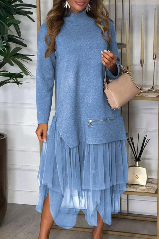Conjunto informal de dos piezas con cuello alto y abertura, manga larga (7 colores)