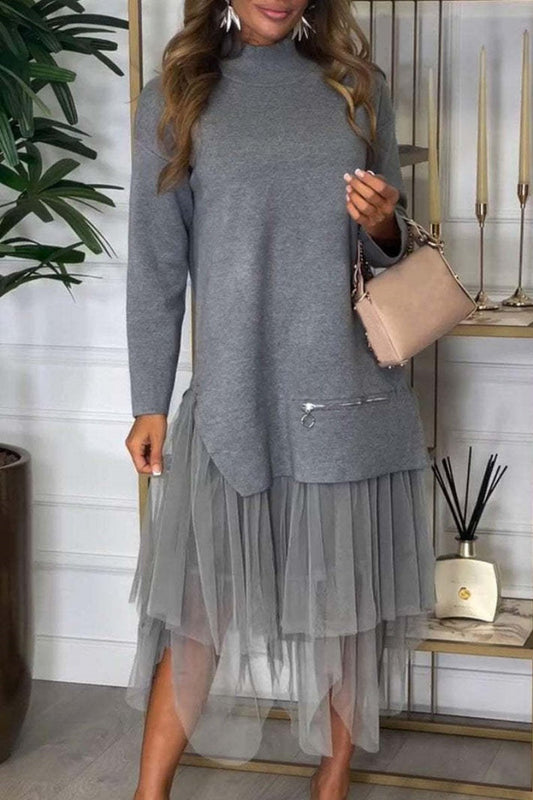 Conjunto informal de dos piezas con cuello alto y abertura, manga larga (7 colores)